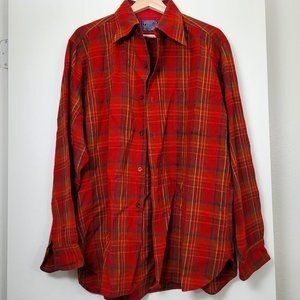Vintage Pendleton 100% Pure Virgin Wool Flannel Plaid Button Down Shirt Red 80s